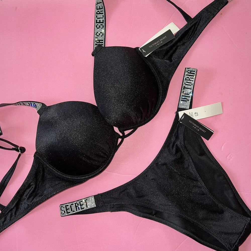 Victoria's Secret 34C BOMBSHELL BIKINI XS,S,M brazilian BOTTOM shine strap BLACK - Picture 1 of 4